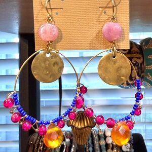 Vintage Glass Stone Metal DANGLE EARRINGS- LIGHTWEIGHT🧡Pierced Boho Global Chic